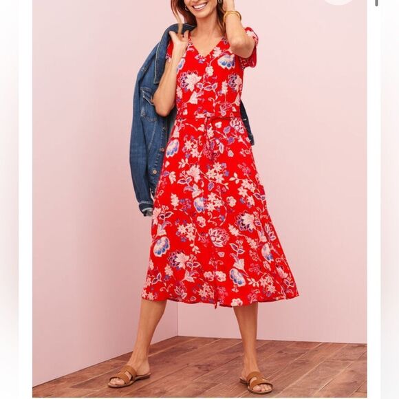 Talbots Red Blue Cream Floral Print V Neck Button Front Sash Waist Dress - Picture 2 of 16